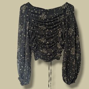 Free People Black Ditsy Floral Chiffon Puff Sleeve Open Back Top Bohemian Boho